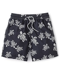 The turtle, a longtime symbol of wisdom and patience, and also a fellow traveler of both surf and turf, swims across these cool athletic trunks from Vilebrequin for a fun surfer vibe at the pool or beach.