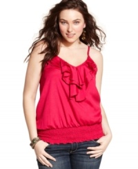 This plus size tank from American Rag features a flirty ruffle at the neckline and a smocked hem that means a fantastic fit. Perfect with jeans and cute wedges for a night out with friends!