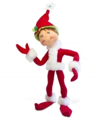 Sporting long elfin shoes and a velvety red jumpsuit, this irresistible figurine brings the joy of Christmas wherever he goes. With the soft, flexible features and unmistakable style of Annalee dolls.