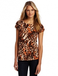 Anne Klein Women's Animal Print Top, Orange/Brown/Beige, Medium