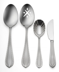 Understated simplicity produces an overall elegant effect in this Powercourt flatware from Waterford. The delicate crisscross pattern around the edge of each handle makes the set subtle enough to look great with virtually any table setting. Made of 18/10 stainless steel. Set includes butter knife, sugar spoon, serving spoon, and pierced spoon.