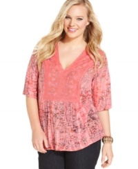 Lace up your casual look with One World's sublimated-print plus size top!