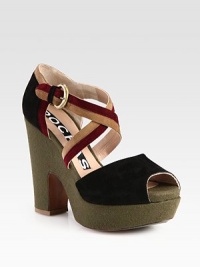 Panels of colorblocked suede upgrade this criss-cross design on a soft felt wedge. Felt-covered heel, 4¾ (120mm)Covered platform, 1¼ (30mm)Compares to a 3½ heel (90mm)Suede upperAdjustable ankle strapLeather lining and solePadded insoleMade in Italy