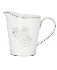 With Monique Lhuillier's designer touch, luxe bone china blossoms into the gorgeous Sunday Rose creamer. Featuring bands of platinum, luscious blooms and twinkling dots.