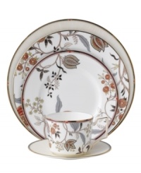 A tapestry of exotic florals on luxe bone china, Pashmina dinnerware from Wedgwood offers a look of vintage grandeur and modern-day durability. Lustrous gold bands accent the richly patterned place settings with sumptuous formal style.