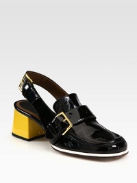 Loafer-inspired slingback pump in smooth and crinkled patent with a contrasting block heel. Self-covered heel, 2 (50mm)Patent leather upperAdjustable strapsLeather lining and solePadded insoleMade in Italy