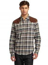 THE LOOKPlaid designPoint collarSuede-like geometric panels at yokeButton frontDual button flap pocketsShirttail hemTHE MATERIALCottonCARE & ORIGINMachine washImportedThis item was originally available for purchase at Saks Fifth Avenue OFF 5TH stores. 