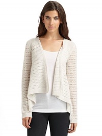 THE LOOKPointelle knit patternCascading open-front styleRibbed edgesLong sleevesTHE FITAbout 26 from shoulder to longest point of hemTHE MATERIALCashmereCARE & ORIGINDry cleanImported