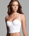 Classic short line bustier with updated, sophisticated look. Amazing firm cups and construction keeps you supported. Very low back. Can be worn five ways: strapless, criss-cross, halter,wide backor one strap. Style #4556