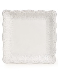 More than charming, the Blanc Elisabeth square dinner plate from Versailles Maison incorporates a scalloped edge, floral medallions and soft white finish to perfect vintage-style settings.