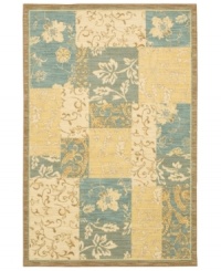 Sweeping images of leaves and flowers are mixed with blue and beige block patterns on this modern rug from Karastan. Woven from pure New Zealand wool, this distinctive piece makes its high-fashion mark in nearly any decor from casual to contemporary.