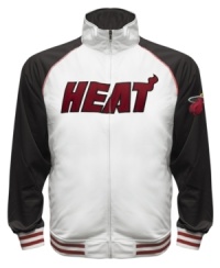 The Most Valuable Fan wears this baseball style running jacket featuring the Miami Heat by Majestic.