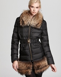 Flaunt luxe winter style with this cozy, fur-trimmed down coat from Dawn Levy.