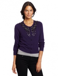 Magaschoni Women's 100% Cashmere Beaded Cardigan, Deep Purple Mouline, Small