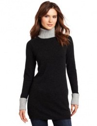 Magaschoni Women's 100% Cashmere Turtleneck Tunic Sweater, Charcoal/Light Silver, Small