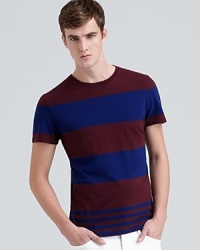 Two thick bars are offset by three thin bottom bands on this cool stripe tee from Burberry Brit, an easy-going soft-cotton addition to your anytime wardrobe.