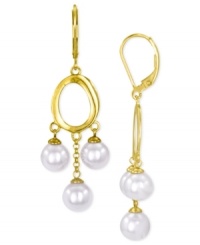 Refined elegance. Majorica's pair of drop earrings radiates class with organic man-made pearls (7-8 mm). Crafted from 18k gold over sterling silver. Approximate drop: 2-1/2 inches.