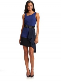 This ultra chic crepe creation has an asymmetrical neckline, contrast draped panel and colorblock design.Asymmetrical neckline Sleeveless Seamed waist Elastic web belt with snaps Contrast draped panel at one side Back zipper About 40 from shoulder to hem Polyester Second fabric: silk Dry clean Imported