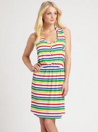 Vibrantly colored stripes add a playful touch to this comfy-chic coverup.Round neckSleevelessSnap frontElasticized waistRacerbackPull-on style92% polyester/8% spandexDry cleanImported