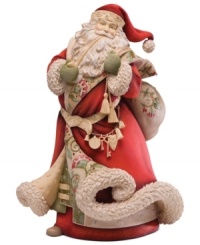 A bag full of presents and a pipe in his mouth, Santa delivers some Christmas spirit to your home in this exceptionally crafted figurine. With crystal accents.