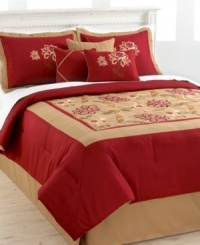 Sleep serene upon gorgeous color with the Adelacia comforter set. Lush, embroidered floral patterns present an Eastern-inspired design over rich red and natural taupe, offering a warm and brilliant bedroom update.