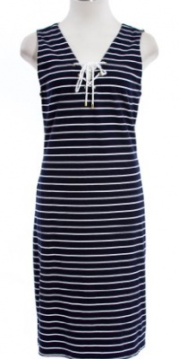 Lauren by Ralph Lauren Marine Blue/White Molly Striped Cotton Lace Up Dress