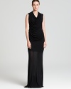 Make a red haute statement in a cowl neck Helmut Lang maxi dress and turn any event into a celebration.