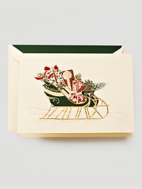 The faithful leaves of the evergreen Christmas tree are rendered perfectly in this hand engraved cream colored card. Decorated with traditional baubles and wrapped in gold, it sends a cheery message to every recipient.Set of 10 cards5.5 X 7.38Made in USA