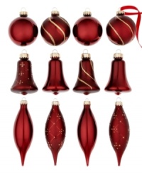 A very merry tree will take shape with burgundy glass ornaments from Martha Stewart Collection. Ball, bell and drop shapes tinged with radiant gold fill out its branches with timeless grace.