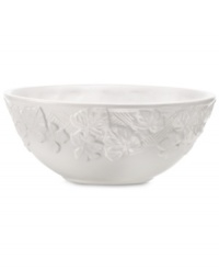 Embossed with a leaf and basketweave motif in white porcelain, Martha Stewart Collection vegetable bowls cater every meal with elegant charm.