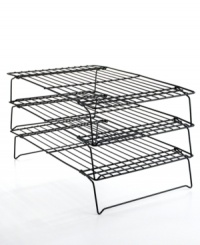 Treat yourself to a tower of your favorite baked goods! Nonstick, stackable cooling racks save counter space and create even more room to set out your culinary creations. Three tiers made from sturdy steel wires hold both large and small treats, promote airflow for a proper cooling and clean up fast in the dishwasher. Limited warranty.