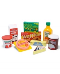 Here is a parcel of the food your little chef needs to keep chilled for delicious food play. Nine wooden pieces include orange juice, waffles, milk, ice cream, cheese, yogurt, frozen vegetables and butter. Extra learning fun is provided when deciding whether to put a particular item in the freezer or the fridge.