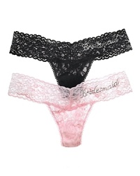 Soft stretchy low rise thong with cotton gusset and clear Swarovski crystals that spell out Bridesmaid on the front hip. Perfect for bridal party gifts! Style #491031