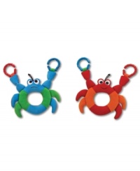 Whether happy or crabby, this double-sided soft toy expresses the appropriate mood! This easy-grasp toy with colorful, textured teething rings is an adorable first friend. The rings can hook onto a stroller or other toys for safekeeping.