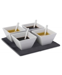 A beautiful couple. Glossy white porcelain is paired with rustic slate in this striking serveware set from Maxwell & Williams. Four square bowls with spoons encourage variety on your menu.