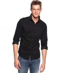 Dress sharp and look sharp in this classic styled damask pattern long sleeve shirt by Vintage Red.