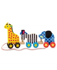 A giraffe, elephant and zebra can easily become a zephant, an eleraffe or a girbra when the wooden pieces are rearranged to form creative new critters on this popular wooden pull-toy!