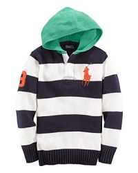 A cozy hoodie is knit with a two-button placket and embroidered numeral at the sleeve for sporty appeal.