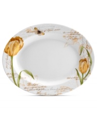 Set the scene at your table with the romantic Seraphine oval platter from Mikasa. Lines of poetry and golden tulips sweep across classic white porcelain for every day of the week.