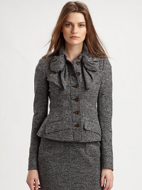 Luxurious tweed jersey in a structural, ladylike silhouette, embellished with a dramatic bow at the neck.Stand bow collar with hook-and-eye closuresButton frontFlap pocketsBack ventsFully linedAbout 23 from shoulder to hem72% wool/10% nylon/18% acrylicDry cleanMade in ItalyModel shown is 5'9 (175cm) wearing US size 4. 