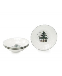 Cheerfully decorated with a Christmas tree, all-purpose bowls by Nikko can be used for your favorite soups, cereals or anything else your heart desires. Coordinating holiday dinnerware, dishes and flatware also available.