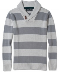 Keep warm in this handsome and sporty pullover stripe shawl sweater by Retrofit.