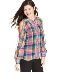 Pretty Rebellious adds serious flavor to the classic plaid button-down top with cute split sleeves and lightweight, semi-sheer fabric.