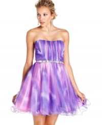 Utterly delightful, City Studios flouncy party dress combines a classic ruffle-wire hem with an ombre of purply hues.