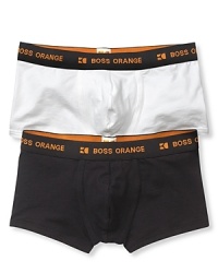 Two pack flex cotton boxer briefs, comfort modern fit. Logo on elastic waist band.