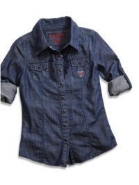 GUESS Kids Girls Big Girl Rolled Sleeves Denim Shirt, DARK STONE WASH (7/8)