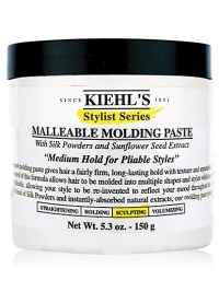 Malleable Molding Paste gives hair long-lasting hold with moveable texture and separation. The firm yet malleable control of this formula allows hair to be molded into multiple shapes and styles and re-invented time and again. A blend of silk powders and instantly absorbed natural extracts. This molding paste provides strength and vitality with an endless range of looks. For short of medium hair lenghts. 5.3 oz. 