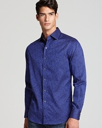 This striking shirt appeals to your taste for rich color and stately patterning, a handsome design from Robert Graham crafted with a classic fit.