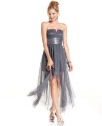 Party fairy: a sheer, high-low overlay gives Roberta's party dress an air of whimsy. Finished with a wide, sequin band, this frock is a dreamy pick for the most special affair!