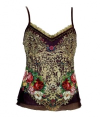 Michal Negrin Double Layered Camisole Crafted with Metallic Lace and Velvet Trim, Swarovski Crystals Accented Lace Applique and Victorian Roses Pattern - Size M